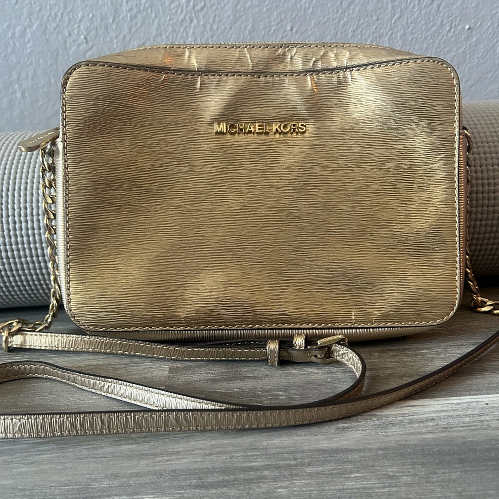 Michael Kors Gold Metallic Chain Rectangle Crossbody Bag